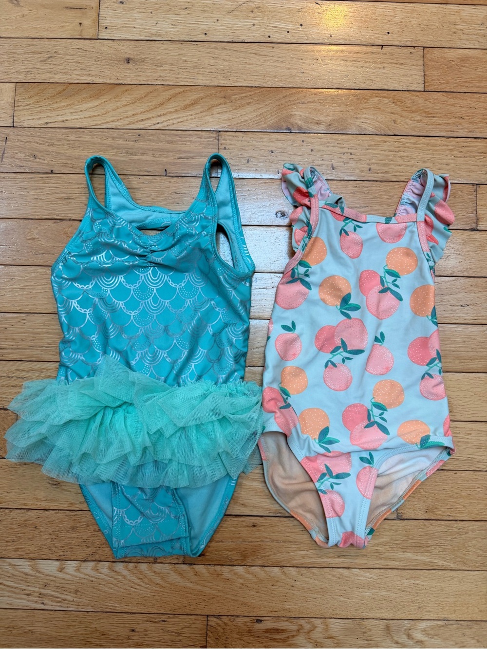 Toddler Girls Turquoise Mermaid Tutu Swimsuit & Peach Fruit Print One-Piece Set